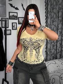 Whyspr Grunge Punk Halloween V-Neck Punk Print Rhinestone Embellished Tight Crop Top - Light Yellow - View 4