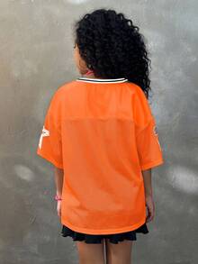 Coolane Kids Tween 女童休闲运动风格豹纹印花和数字图案撞色 V 领宽松网眼透气 T 恤，夏季 - 橘色 - 查看 6