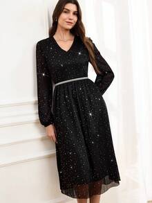 Miaspire 优雅派对女士连衣裙，网眼亮片面料泡泡袖修身喇叭裙，V 领黑色优雅中长连衣裙，适合优雅外出、派对和聚会，秋冬季 - 黑色 - 查看 7