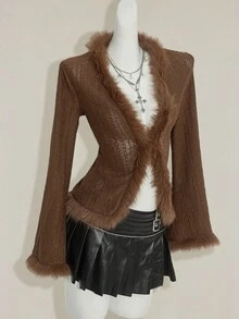 SHEIN ICON 女式复古波西米亚性感 Y2K 针织提花拼布毛领棕色 T 恤 - 棕色 - 查看 6