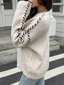 DAZY Women's Loose Fit Contrast Color Round Neck Drop Shoulder Oversized Knit Pullover Sweater, Autumn School - Khaki - View 2
