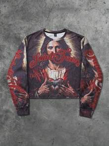 ROMWE MEN Street Life T-shirt a maniche corte da uomo con stampa gotica vintage di Gesù con strass, adatta per primavera/estate e autunno