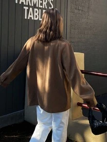 DAZY Women's Autumn/Winter Lapel Patchwork Large Pocket Woolen Coat Jacket - Coffee Brown - View 2