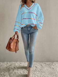 EMERY ROSE Loose Fit Striped Knit Sweater For Women, Autumn/Winter - Baby Blue - View 5