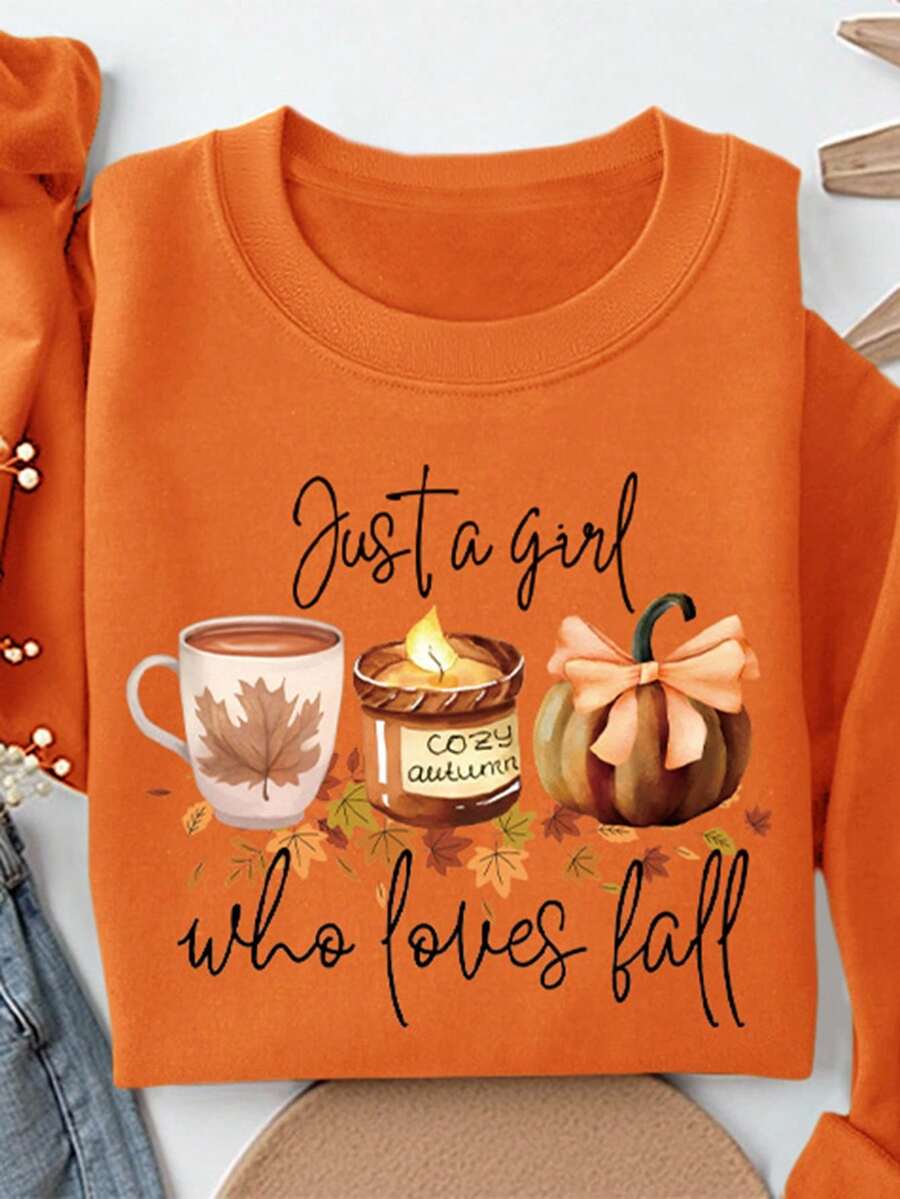INAWLY Women's Pumpkin Print Crew Neck Sweatshirt, Autumn Fall Top - Orange - View 1