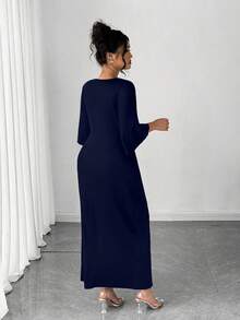 Elenzga Plus Size V-Neck Cinched Waist Bodycon Dress - Navy Blue - View 2