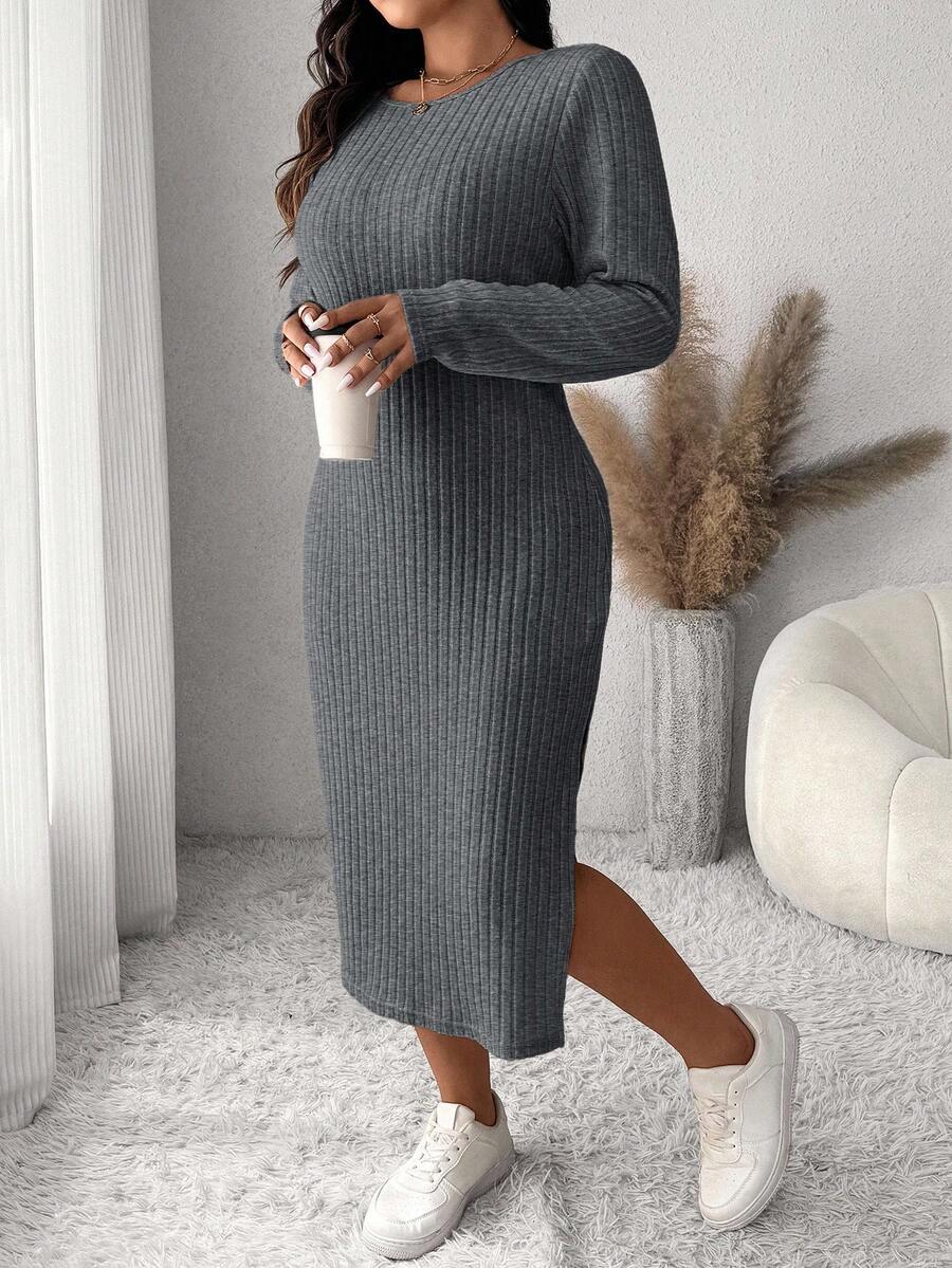 SHEIN Frenchy Plus Size Casual Solid Color Side Slit Dress - Grey - View 1