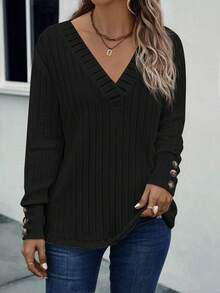 EMERY ROSE 女士休闲纯色落肩宽松T恤 - 黑色 - 查看 4