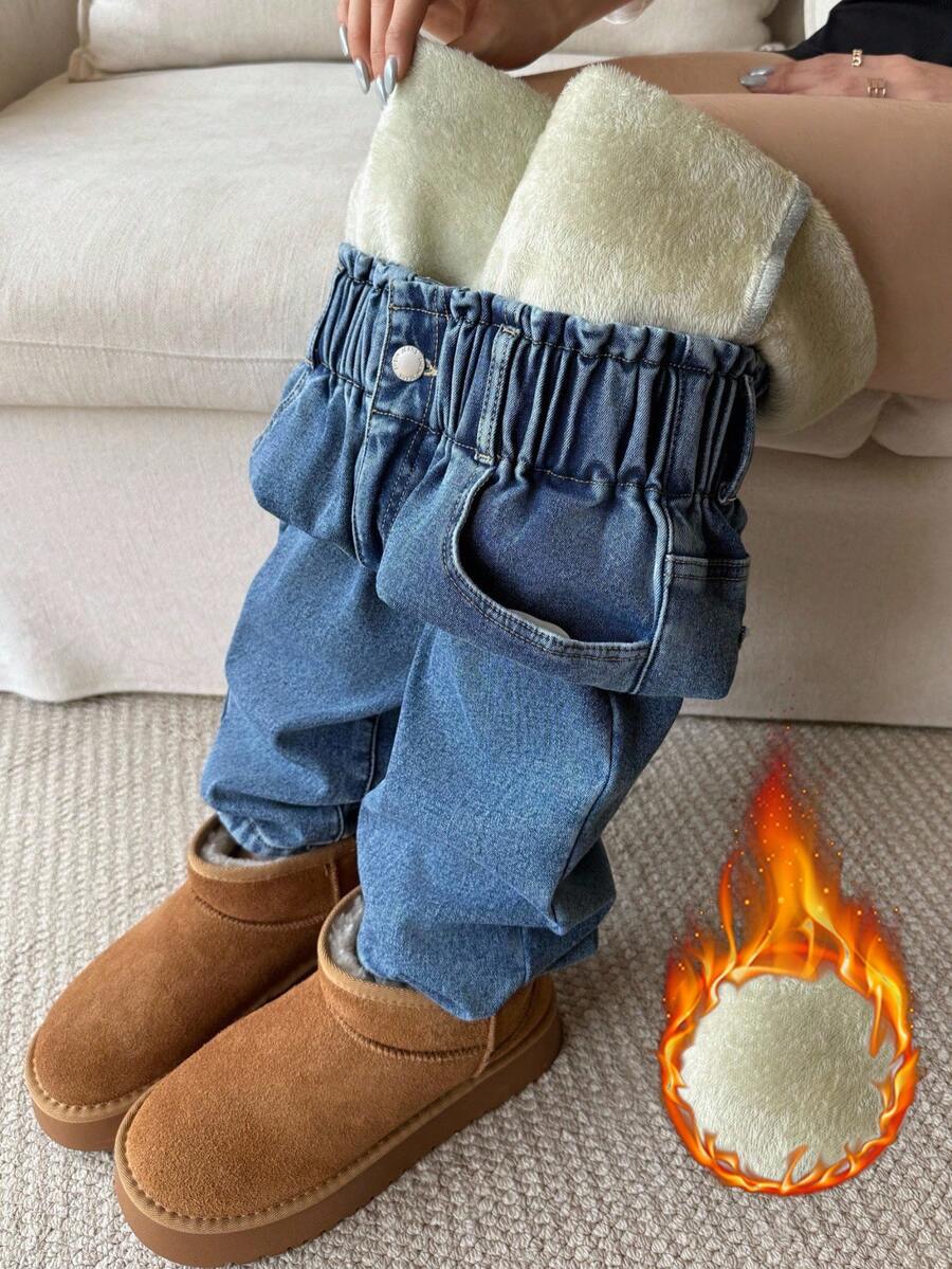 SHEIN Tall 女式休闲松紧腰保暖内衬高腰牛仔裤，适合秋冬季 - 中等水洗藍 - 查看 1