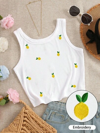 INAWLY Débardeur ajusté pour femmes avec broderie de citron et col rond