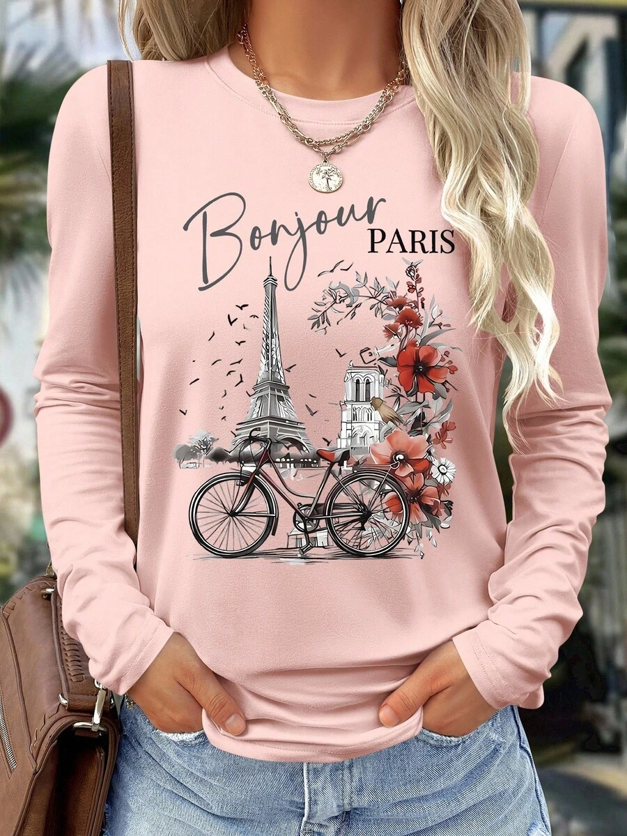 SHEIN LUNE 浪漫巴黎透气正面数码印花休闲舒适百搭长袖T恤女款春夏 - 淺粉色 - 查看 1