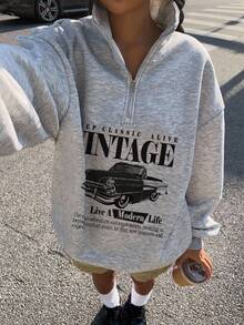 Attitoon Áo nỉ nữ cỡ lớn dáng rộng cổ cao khóa kéo nửa thân in hình xe hơi cổ điển, thích hợp cho mùa thu/đông, phong cách Y2K, áo nỉ phong cách đường phố mùa thu, áo nỉ xe hơi cổ điển, áo nỉ nữ màu xám, áo nỉ cổ điển retro, áo nỉ in hình cổ điển. - Xám - Xem 8