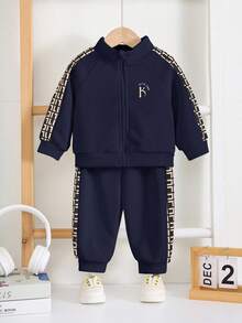 2 件套男婴/女婴休闲运动服，宽松字母图案印花装饰拉链夹克和裤子套装，适合外出、上学、聚会、秋冬返校服装，加厚羊毛 - 彩色 - 查看 3