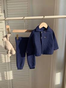 SHEIN 2pcs Baby Boy/Girl Solid Color Collared Long Sleeve Sweater And Pants Set, Suitable For Autumn/Winter Autumn And Winter Two Piece Suit Dark Blue Baby Boy Outfit Baby Boy Knitted Set Knit Two Piece Toddler Fall