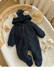 新生男婴可爱蓬松海军蓝卡通印花连帽连体衣 - 藏蓝色 - 查看 2