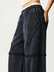 Bohemela Quần nỉ dệt kim rộng rãi màu trơn có dây rút cho nữ - màu đen - Xem 7