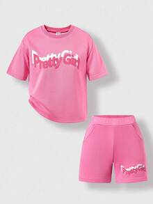 SHEIN Explorewe Set di 2 pezzi composto da maglietta con grafica e slogan sportivo e pantaloncini, outfit casual adatto per attività all'aperto estive - Multicolore - Visualizzare 9