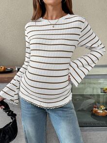 SHEIN Pregnant Women Striped Crew Neck Flare Sleeve Casual T-Shirt, Versatile For Autumn Long Sleeve Top Striped Long Sleeve Top Women Striped Top Striped Maternity Top Bell Sleeve Top - Brown - View 4