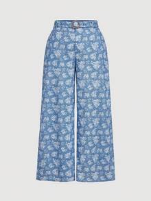 SHEIN MOD Plus Size Women Floral Print Loose Straight Leg Pants Floral Print Jeans. Wide Leg Jeans Pants For Autumn/Winter Flower Pants.Palace Print Straight Pants, Casual Date Wear, Sister Party Wear, Spring And Autumn Wear