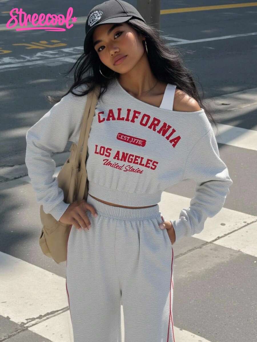 SHEIN Explorewe Conjunto de 2 piezas de sudadera con estampado de letras y correa para el hombro + pantalones deportivos casuales cómodos de contraste a rayas para adolescentes y niñas, versátil para uso diario en las 4 estaciones