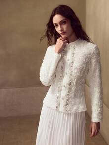 MOTF PREMIUM VESTIDO MIDI PLISADO DE GASA CON TEXTURA DE ROSA DECORATIVA PARA MUJER - Blanco - Ver 4