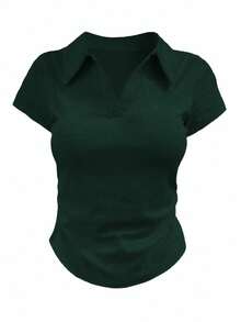 INAWLY Áo thun nữ tay ngắn, đơn sắc, khóa kéo nửa, thoải mái, đa năng, mùa hè - Màu xanh hải quân - Xem 3