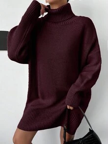 EURMUSE 女士简约纯色休闲宽松长袖高领毛衣裙 - 酒紅色 - 查看 5