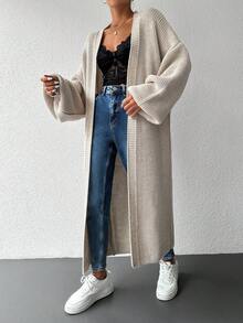 EURMUSE Drop Shoulder Open Front Longline Cardigan - Apricot - View 3