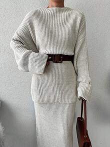 Drop Shoulder Sweater & Knit Skirt Without Belt - Beige - View 6
