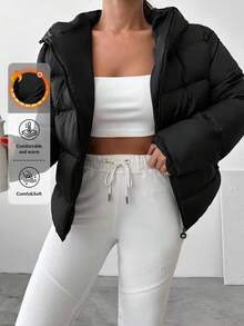 EURMUSE Zip Up Hooded Puffer Coat - Black - View 1