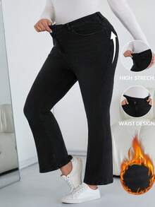SHEIN CURVE+ Women Plus Black Autumn And Winter High Elastic Thermal Lined Asymmetrical Waist Flared Jeans,Smart Casual Everyday Chic Halloween Costumes Style - Black - View 1