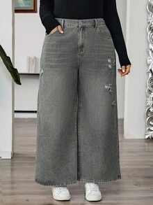 SHEIN CURVE+ 女士灰色秋冬宽松休闲牛仔裤，破洞装饰，女士所有服装，万圣节服装，女士乡村风格，别致秋季