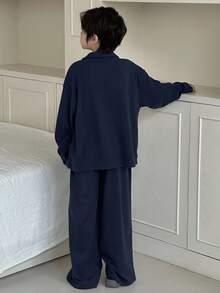 DAZY 2pcs/Set Tween Boy Long Sleeve Homewear Top And Pants Set Fall, Winter - Navy Blue - View 6