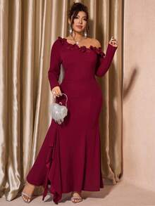 Cravure Plus Size Women Solid Color 3D Floral Decor Asymmetric Shoulder Long Sleeve Fishtail Hem Elegant Dress