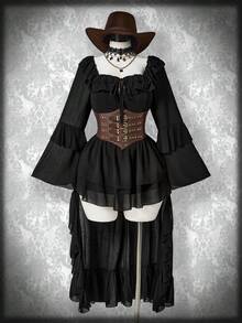 SHEIN ICON 大码黑色方领荷叶边下摆不对称下摆连衣裙、波西米亚风连衣裙、万圣节服装、水手服 - 黑色 - 查看 1