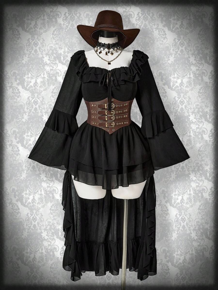 SHEIN ICON 大码黑色方领荷叶边下摆不对称下摆连衣裙、波西米亚风连衣裙、万圣节服装、水手服 - 黑色 - 查看 1