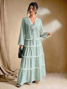 SHEIN Tall Áo khoác cardigan dệt họa tiết tay dài cỡ lớn cho nữ có thắt lưng buộc, thiết kế viền nhún bèo tương phản, chân váy maxi cạp chun, bộ 2 món phong cách Pháp thanh lịch lãng mạn - Màu xanh Bạc hà - Xem 5