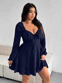 Clasi Vestido elegante de talla grande de unicolor con cintura anudada y doble dobladillo - Azul marino - Ver 4