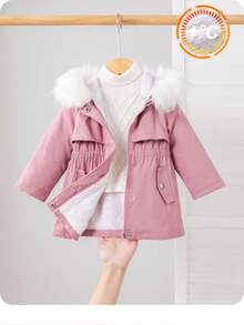 SHEIN Manteau à capuche rose mignon doublé de thermique, polyvalent pour l'automne/l'hiver, bébé fille - Rose bonbon - Voir 1
