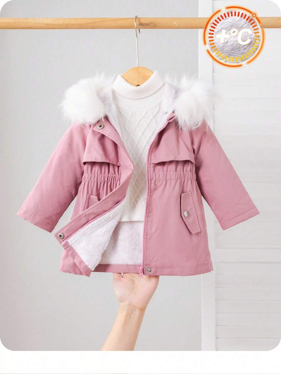 SHEIN Manteau à capuche rose mignon doublé de thermique, polyvalent pour l'automne/l'hiver, bébé fille - Rose bonbon - Voir 1