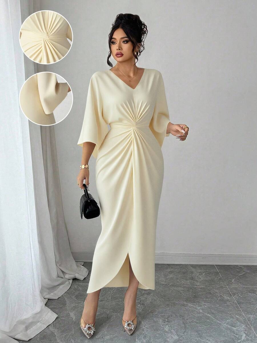 Elenzga Plus Size V-Neck Cinched Waist Bodycon Dress