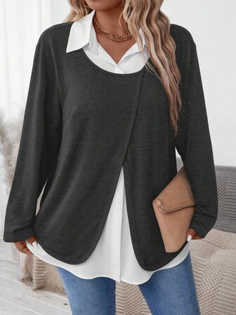 Plus Size Casual Color Block Patchwork Shirt