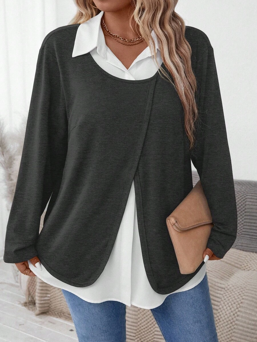 Plus Size Casual Color Block Patchwork Shirt