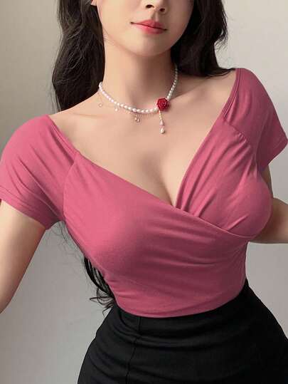 DAZY Camiseta reversible de manga corta con envolvente frontal de unicolor minimalista casual para salir, para mujeres