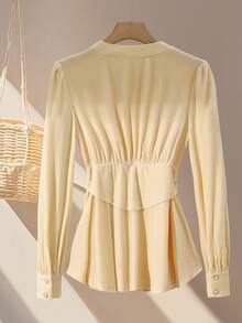 SHEIN Franclia Women's Elegant Delicate Gentle Puff Sleeve Splicing Faux Waist Decor A-Line Velvet Long Sleeve Blouse, Autumn/Winter - Apricot - View 2