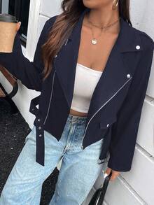 SHEIN Essnce Plus Size Casual Versatile Suede Biker Jacket, Autumn/Winter - Navy Blue - View 7