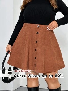 SHEIN CURVE+ Chân váy chữ A tối giản màu trơn cỡ lớn cài nút phía trước, mặc thường ngày - màu nâu - Xem 8