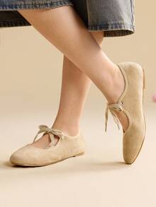 CUCCOO EASI Apricot Faux Suede Lace-Up Comfortable Ballet Flats - Apricot - View 4