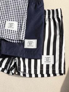 Souflis Souflis 3pcs Infant & Toddler Boys' Casual Khaki Plaid, Black & White Stripe, Solid Color Shorts, Summer Essentials For Daily Wear, Vacation & Outings