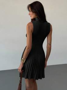 Aloruh Minimalist Stand Collar Sleeveless A-Line Mini Ribbed Knit Dress For Women,Fall - Black - View 2